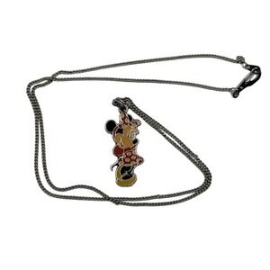 Vintage Disney Minnie Mouse Enamel Pendant - Polka Dot Dress - Silver Tone Chain